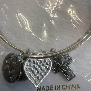 Silver-Tone Heart & Cross Charm Bangle Bracelet - Women Jewelry